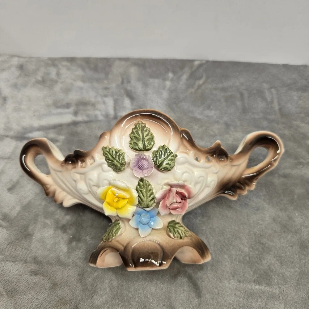 Vintage Capodimonte Floral Pedestal Vase Ornate Scrolled Handles 3D Flowers